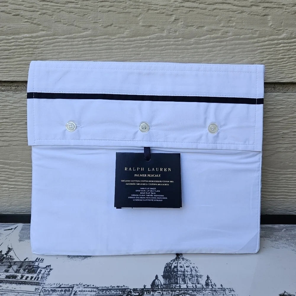 NWT Ralph Lauren Organic Cotton Palmer Percale white twin flat sheet navy piping